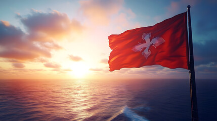 The Flag of Tonga Billowing Majestically Above a Serene Ocean at Sunset