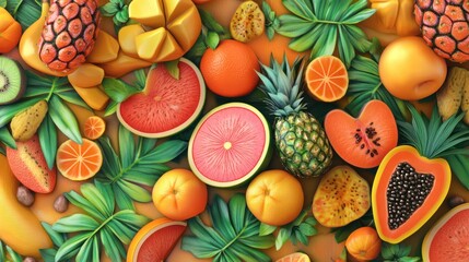 Tropical fruit pattern with bright embossed 3D style, minimal yet detailed textures, high-quality render.