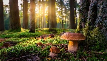 un bosque con arboles grandes y boletus en el suelo