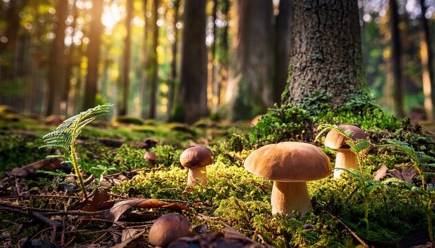 un bosque con arboles grandes y boletus en el suelo