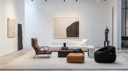 A sleek and modern lounge space featuring a white canvas backdrop, Showcasing curated minimalist furnishings with artistic flair, Contemporary gallery-style design
