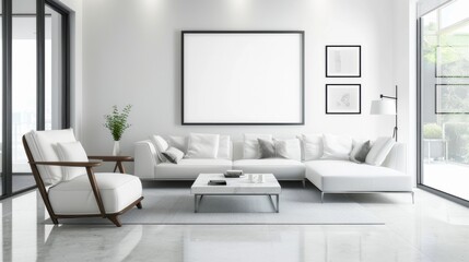 Fototapeta premium A sleek and modern lounge space featuring a white canvas backdrop, Showcasing curated minimalist furnishings with artistic flair, Contemporary gallery-style design