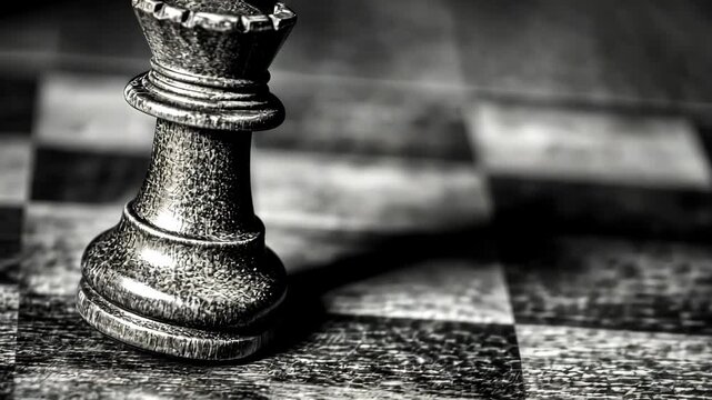 A black chess queen stands alone on a chessboard