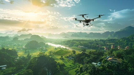 Fototapeta premium Drone Flying Over Lush Green Valley with Mountains in the Background