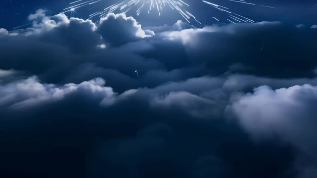 seamless 3D animation that presents aerial view cloudy night sky twinkling stars moving clouds creating serene skyscape background looped 4K cloud star fantasy meteor three dimensional