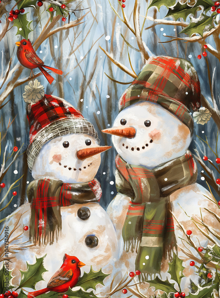 Wall mural Christmas card, watercolor illustration of two happy snowmen in a hat, scarf on a background of forest, snow