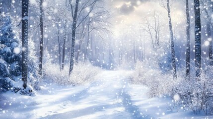 Winter forest trail blanketed with fresh snow, serene woodland scene under a cloudy sky.