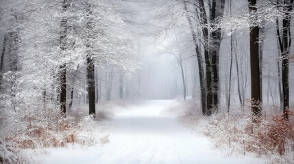 Winter forest trail blanketed with fresh snow, serene woodland scene under a cloudy sky.