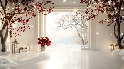Red and black mistletoe hanging above a snowy entryway, 3D illustration