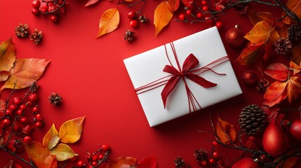Elegant Gift Box Surrounded by Autumn Foliage