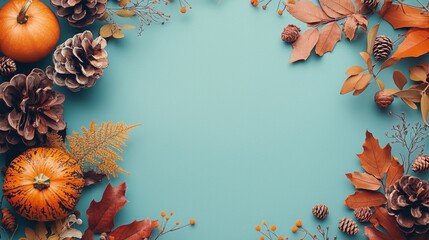 Autumn Leaves and Pumpkins on Blue Background