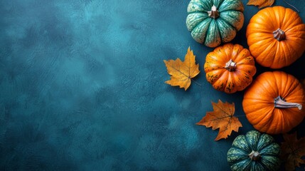 Autumn Pumpkins with Colorful Leaves on Teal Background