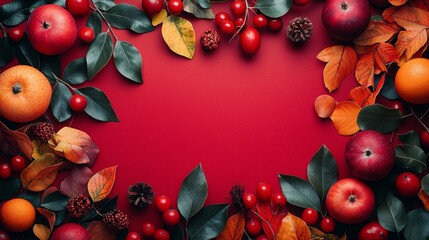Vibrant Fruits and Leaves on a Red Background