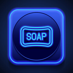 Soap simple icon vector. Flat design. Blue neon style on button. With shadow