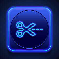 Scissors with cut line simple icon vector. Flat design. Blue neon style on button. With shadow