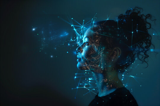 A woman's face in a virtual world of programming and coding