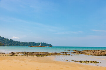 A Lighthouse on the beautiful beach with blue sky in Khao Lak, a destination of tourist in  Phang-Nga province, Southern of Thailand