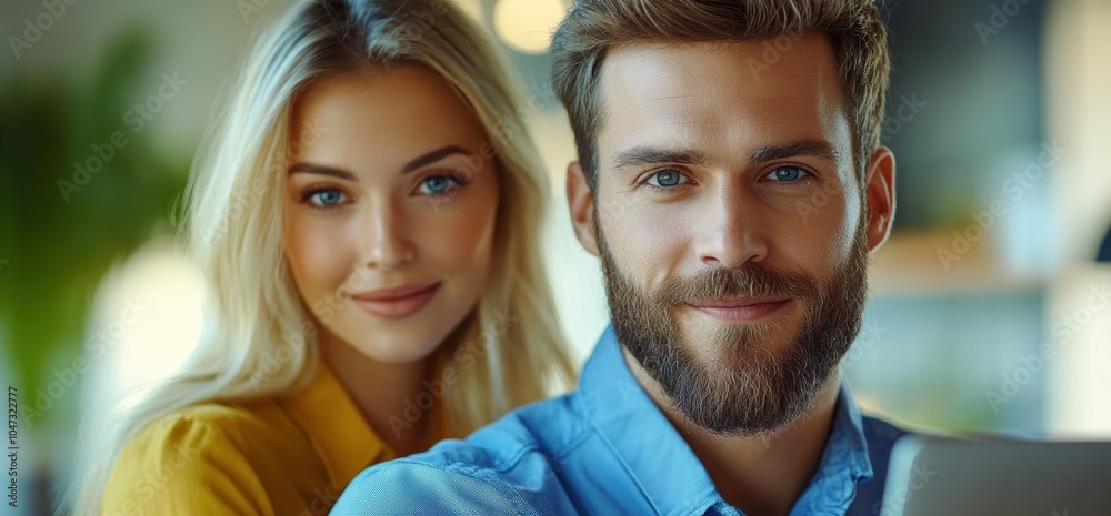 Wall mural smiling and working happily together, two young professionals in a modern office represent the produ