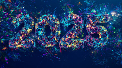 Dynamische Neujahrskarte 2025 mit kunstvollen Fraktalmustern in der Jahreszahl. Lebendige Farbstrukturen durchziehen die Ziffern. Moderne abstrakte Gestaltung