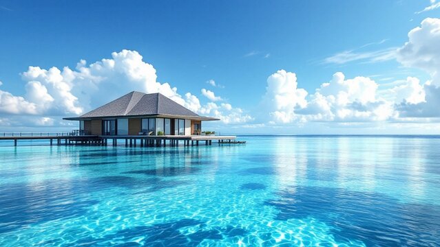 beautiful water villa in maldives island with blue lagoon and sky sea view ocean background