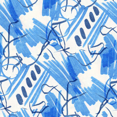 Abstract seamless pattern with watercolor drawing in doodle style. Drawing with markers.