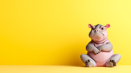 playful baby hippo with crossed arms sits against bright yellow background, exuding snarky attitude. This charming character captures attention with its unique expression and vibrant setting