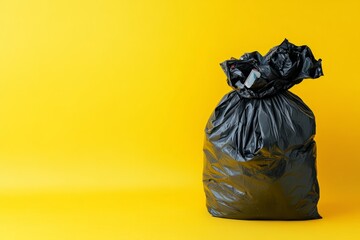 Black garbage bag full of trash sitting on yellow background