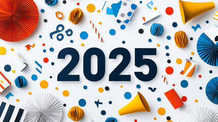 Obraz premium Celebrate arrival of 2025 with vibrant decorations and festive elements. This colorful design features various shapes and textures, perfect for New Year celebrations