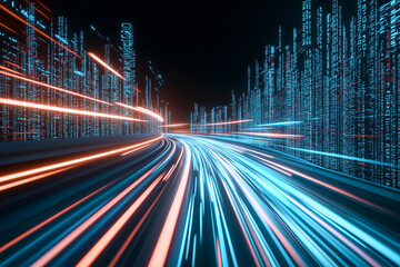 Fototapeta premium Futuristic blue and red neon light beams create abstract digital landscape, resembling high speed data stream. vibrant colors and dynamic lines evoke sense of motion and technology