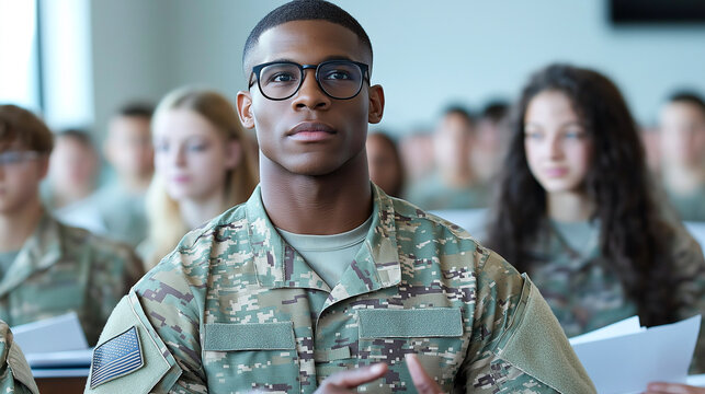 focused soldier in military uniform attends mentorship program, surrounded by fellow participants. atmosphere is serious yet supportive, emphasizing growth and learning