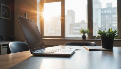 Minimalist corporate desk setup with laptop and natural light shining through windows