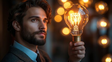 A man holding a glowing light bulb, symbolizing ideas and inspiration in a warm setting.