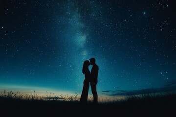 Fototapeta premium Silhouette of Couple Kissing Under Starry Sky