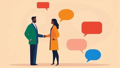Contemporary art collage. Two young people standing in speech bubbles and shaking hands. Meeting an make deals online. Concept of partnership, business acquisition, deals, cooperation, teamwork.	
