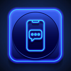 Mobile phone, chat, message simple icon vector. Flat design. Blue neon style on button. With shadow