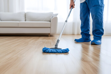 Middle-Aged Man Wearing Blue Overalls Mopping Floor: A Dedicated Worker Maintaining Cleanliness and Hygiene
