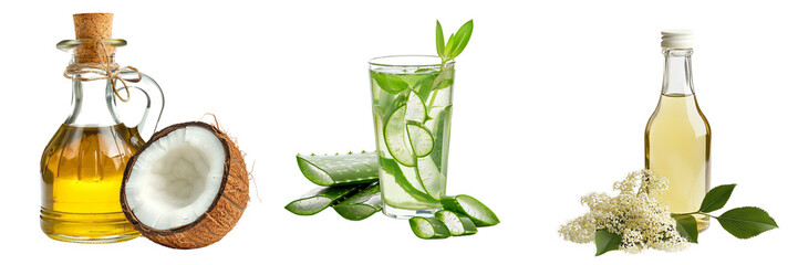 Set of A clear glass of aloe juice with fresh aloe leaves, coconut oil in a small bottle on transparent background. Ai generated