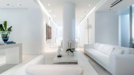 A sleek urban sanctuary featuring a white canvas backdrop, Minimalist furniture arrangement in a metropolitan penthouse, Urban minimalism style