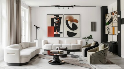 A sophisticated and artistic lounge area with a white canvas backdrop, Boldly arranged minimalist furnishings, Artistic minimalism style