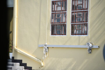 old vintage windows building with lamppost street