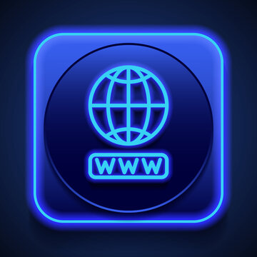 Internet, globe, www simple icon vector. Flat design. Blue neon style on button. With shadow