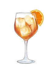 A glass on a high stem with an orange cocktail with ice and a slice of orange. Illustration