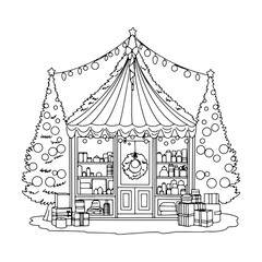 Outline, line drawing, Christmas market, holiday gift shop. Vector illustration