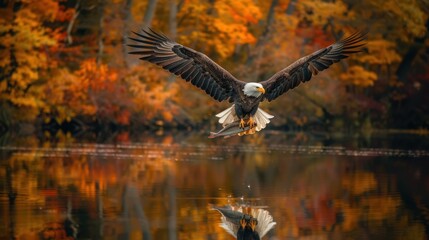 Obraz premium Bald Eagle Soaring Over Autumnal Lake with Fish in Talons