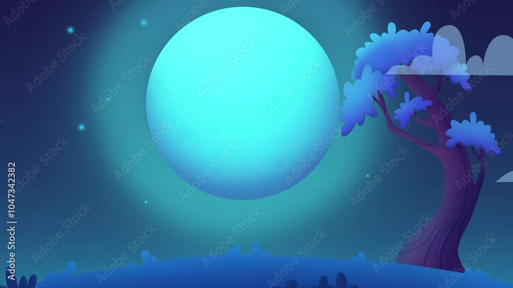 Poster landscape moon with clouds and tree. minimal modern seamless motion design. abstract loop animation