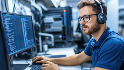 A focused IT support technician wearing a headset works on code while monitoring screens in a modern office environment
