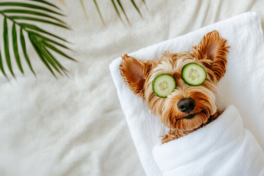 Yorke terrier dog relaxing with cucumber slices in a spa. Funny grooming wallpaper with copy space. Advertisement for sales and promotions