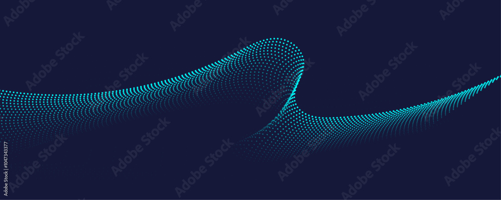 Aufkleber Flowing dots particles wave pattern in blue green colors. Vector curve light line. Abstract background banner design for music, Ai technology, neural network concept