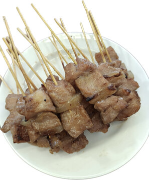 grilled pork, MooPing, Thai grilled pork in white plate Isolated on white background 