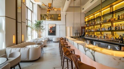 A sophisticated and stylish cocktail party venue design boasting a clean white canvas backdrop, Artfully displayed minimalist cocktail menu, Fashion-forward minimalist style